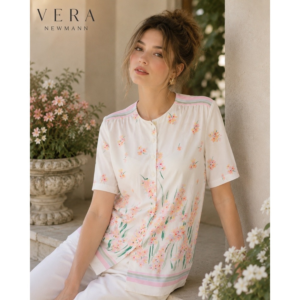 Vera Neumann Vintage Floral Garden Blouse Short Sleeve Pastel Button Top Size 16